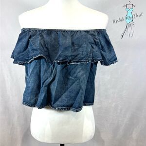 Mebon by Machine jeans denim chambray ruffle off shoulder crop top size medium